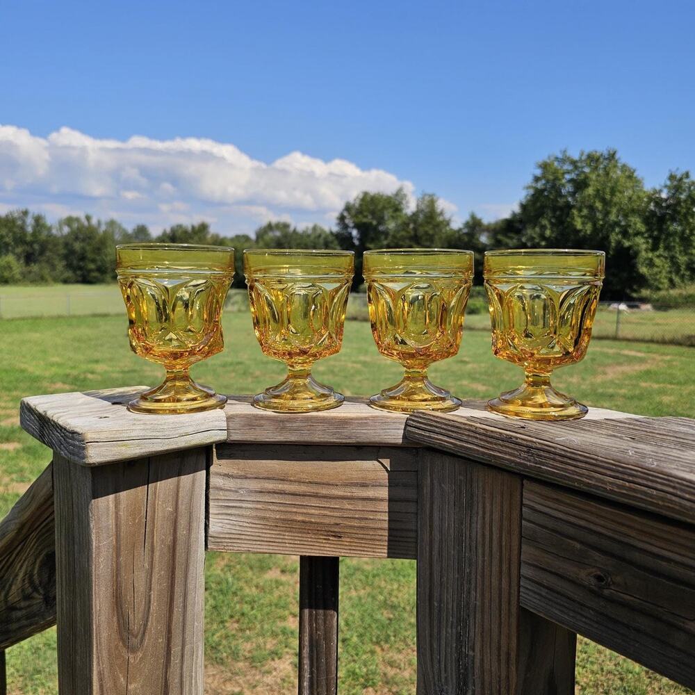 Vintage Anchor Hocking Fairfield Amber Honey Pedestal Glasses, Set of 4